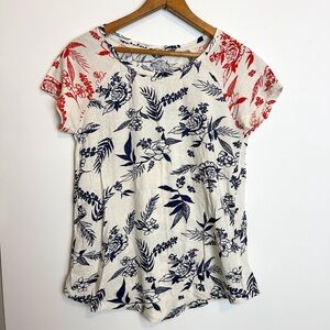 Lucky Brand Red and Blue Floral Baseball T-Shirt